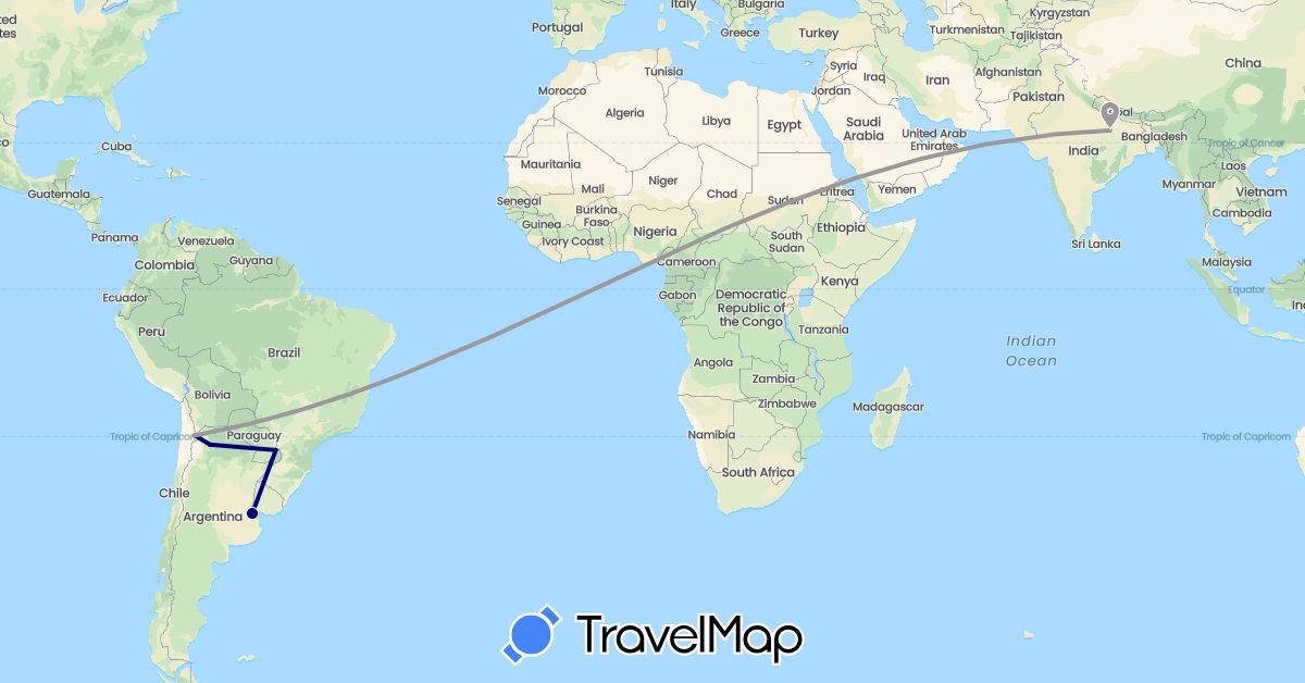 TravelMap itinerary: driving, plane in Argentina, Chile, India (Asia, South America)